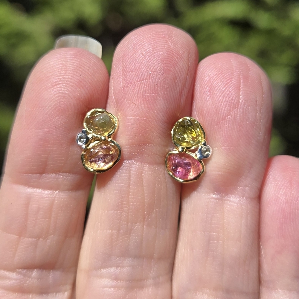 Tourmaline & Topaz Natural Gemstone Sterling & Gold Earrings - Picture 4 of 8
